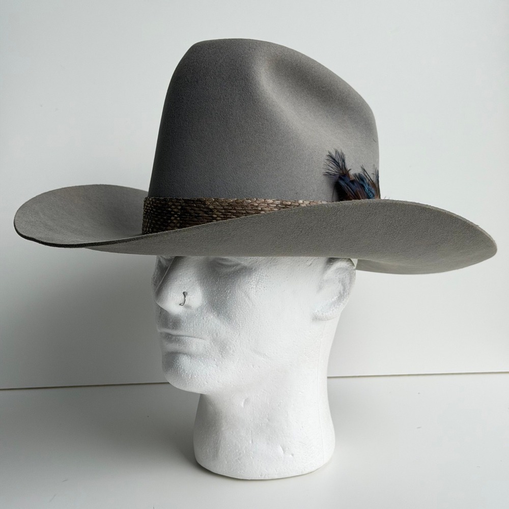 VTG American Hat Co Feather Cowboy Hat 7-1/8 Grey Wool Rattlesnake Band Texas